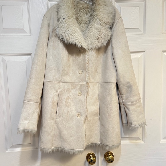 Beige Faux Suede Faux Fur Trim Button Front Penny Lane Coat Women's Large warm - Picture 3 of 13